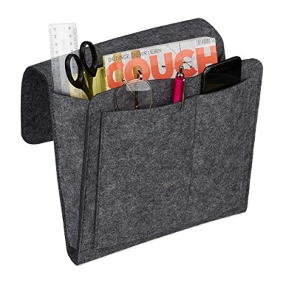 Afbeelding van Relaxdays bed organizer vilt bedside pocket opbergruimte bank opbergtas aan donkergrijs