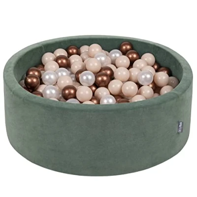 Afbeelding van KiddyMoon rond ballenbad fluwelen 90x30cm/200 ballen ∅ 7cm ballenbakken voor baby&#039;s speelbad peuters, made in the eu, forest green: pastel beige/koperrood/parelmoer