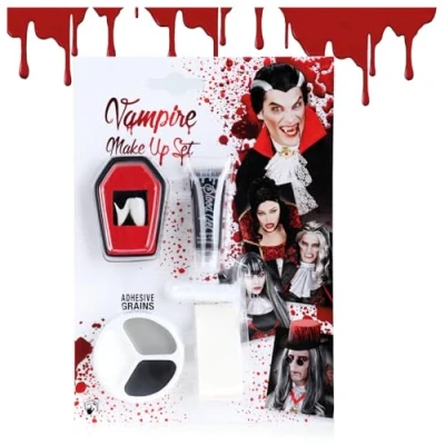 Afbeelding van COM FOUR® 5 delige Halloween make upset vampierkostuum accessoires met vampiertanden, nepbloed, spons, kleefparels en uppalet