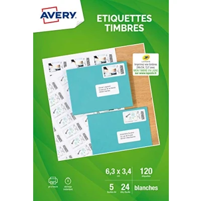 Afbeelding van AVERY 120 zelfklevende etiketten voor witte postzegels formaat 63,5 x 33,9 mm Inkjetdruk