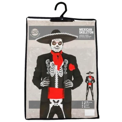 Afbeelding van FIESTAS GUIRCA Mexicaans skeletkostuum voor heren, Mariachi van de Dag Doden, Halloween kostuums maat tieners, 14 16 jaar