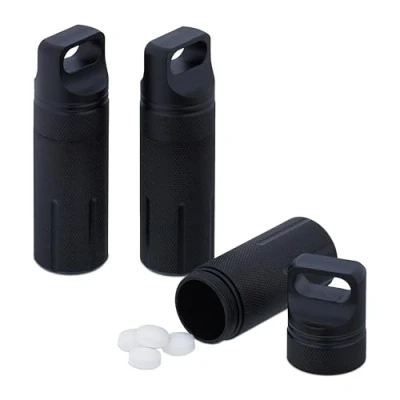 Afbeelding van Relaxdays pillenkoker set van 3 waterdichte capsule reis pillendoosje sleutelhanger zwart