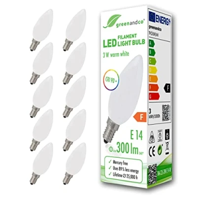 Afbeelding van Greenandco® CRI 90+ led gloeilamp, mat, E14, 3 W (komt overeen met 28 W), 300 lm, 2700 K, warm wit, 360 graden, 230 V, glas, geen flikkeren, niet dimbaar, 10 stuks
