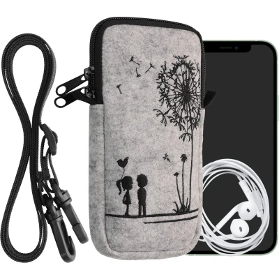 Afbeelding van kwmobile Tasje voor smartphones XL 6,7/6,8&quot; Hoesje van vilt in zwart / lichtgrijs Phone case met nekkoord Paardenbloemen Liefde design