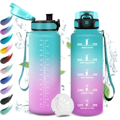 Afbeelding van 1,5 liter waterfles, lekvrije sportfles, motiverende drinkfles, waterfles met tijdweergave, gemakkelijk te openen, voor volwassenen, school, fietsen