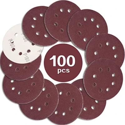 Afbeelding van STEBRUAM Schuurpapier 125 mm klittenband, schuurschijven mm, korrel P180, 8 gaten in rood, rond, schuurpapier, excenterschuurmachine, mengkorrel voor hout, metaal, diverse korrels om uit te