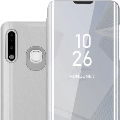 Afbeelding van Cadorabo Hoesje geschikt voor Samsung Galaxy A70e in AGAAT ZILVER Clear View Spiegel Beschermende Case met Tribunefunctie 360 Graden Bescherming Book Cover Etui
