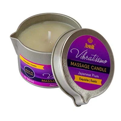Afbeelding van Vibratissimo Japanese Plum massagekaars, 50 ml Kaars met pruimengeur, ontspannende kaars, natuurlijke grondstoffen en kokosolie, geschikt voor de gevoelige huid