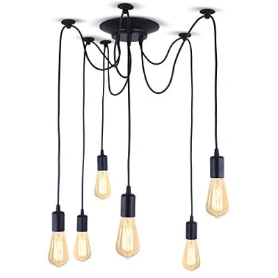 Afbeelding van IDEGU Moderne en retro kroonluchter, hanglamp, 6 armen, doe het zelf, creatief, spin, verstelbaar, 150 cm, vintage plafondlamp met E27 fitting, zwart, lampen