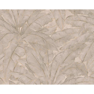 Afbeelding van BLADEREN MET GOUDEN CONTOUREN BEHANG Chique botanisch beige grijs goud A.S. Création Metropolitan Stories