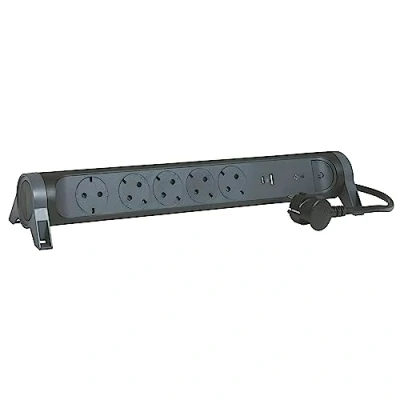 Afbeelding van Legrand, Roterende stekkerdoos, 5 voudig, USB A en C aansluiting, geïntegreerde overspanningsbeveiliging met statusindicator (SPD), 1,5 m kabel, zwart/donkergrijs, 694514