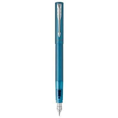 Afbeelding van PARKER Vector XL Vulpen, turquoise metallic lak op messing, fijne punt met blauwe inktvulling, geschenkverpakking