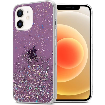 Afbeelding van Cadorabo Hoesje geschikt voor Apple iPhone 12 MINI in Paars met Glitter Beschermhoes van flexibel TPU silicone fonkelende glitters Case Cover Etui