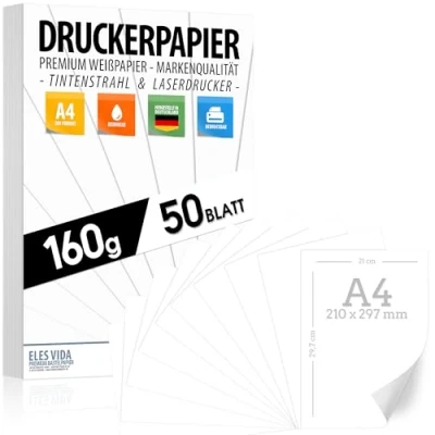 Afbeelding van 50 vellen wit tekenpapier, A4, 160 g, hoogwaardig zuiver wit, DIN 21 x 29,7 cm, dik, onbedrukt tekenpapier voor universiteit, fotografie, presentaties, werk