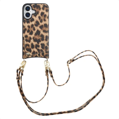 Afbeelding van Selencia Hoesje Geschikt voor iPhone 16 met Pasjeshouder Nova Backcover koord en pashouder Leopard