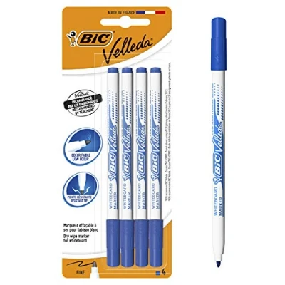 Afbeelding van BIC Velleda Ecriture1721 Markeerstiften voor whiteboard, droog afwasbaar, fijne conische punt, blauw, verpakking met 4 stuks