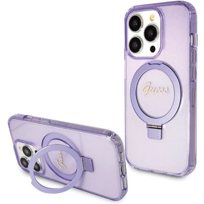 Afbeelding van Guess Ring Stand Script Glitter Back Cover hoesje met MagSafe voor Apple iPhone 14 Pro Max Paars