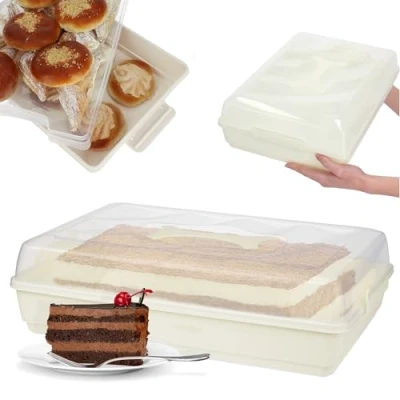 Afbeelding van KADAX Taarten en gebakdoos met deksel, 44 x 30 12,5 cm taarthouder van kunststof, transportbox handvat, bakvorm, voor blikken cake, muffins, rechthoekig, voedselbox Crème