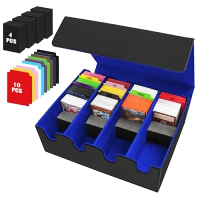 Afbeelding van VEUWOLM Verzamelkaartenopbergdoos met 10 zwarte scheidingswanden, premium magnetische doos, PU lederen hoes voor TCG Magic The Gathering kaarten (zwart/blauw)