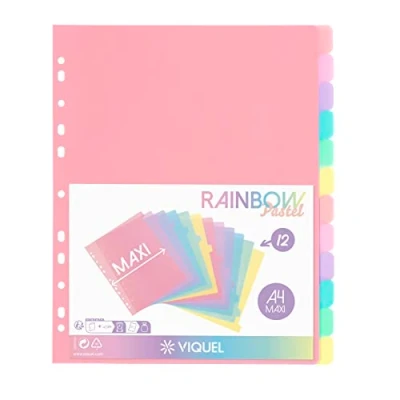 Afbeelding van Viquel Tabbladen van kunststof, maxi formaat (24,5 x 30,5 cm), voor A4 mappen of ordners, neonkleuren, 12 stuks