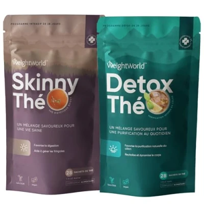 Afbeelding van Detox thee en Skinny thee, programma van 28 dagen, 56 theezakjes, 1 ochtendzakje/1 nachtzakje, groene &amp; witte Pu Erh, citroenverbena, brandnetel, klis, moringa, 0 calorieën, zonder theïne,
