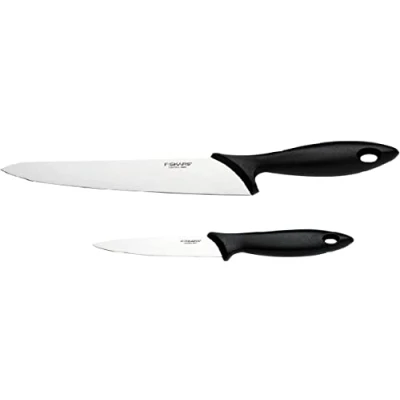 Afbeelding van Fiskars Messenset, 2 delig, keukenmes (lengte lemmet: 21 cm) en groentemes (lemmetlengte: 11 cm), Essential, roestvrij staal/PP kunststof, zwart, 1065582