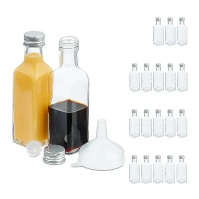 Afbeelding van Relaxdays 20 kleine glazen flessen van 100 ml om te vullen, schroefdop en dop, transparant/zilver