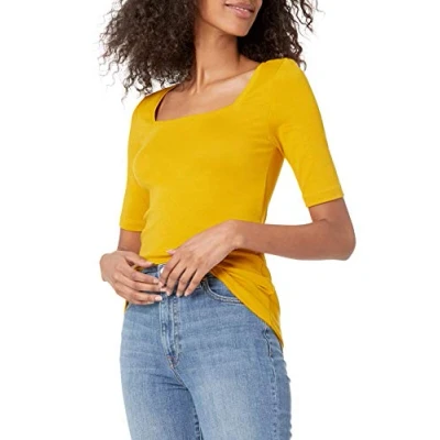 Image de Amazon Essentials T Shirt Ajusté à Manches Mi Longues et Col Carré Women&#039;s, Jaune Foncé, XS