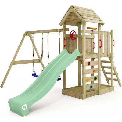 Afbeelding van WICKEY speeltoestel klimtoestel MultiFlyer met houten dak, schommel &amp; pastelgroene glijbaan, outdoor klimtoren voor kinderen zandbak, ladder speel accessoires de tuin