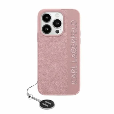 Afbeelding van Karl Lagerfeld Saffiano Rhinestones &amp; Charm hoesje voor iPhone 15 Pro Max roze