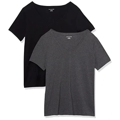 Image de Amazon Essentials Lot de 2 t shirts à manches courtes et col en V pour femme, coupe classique, noir/anthracite chiné, taille 3X