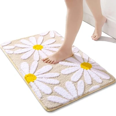 Afbeelding van Beige badmat schattig madeliefje antislip wasbare witte en gele bloem zachte microvezel douchemat absorberend badkamertapijt 40 x 60 cm (bloemen)
