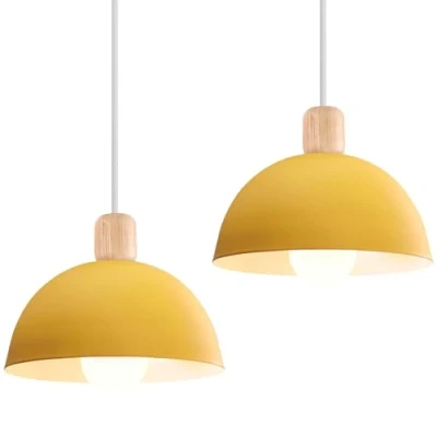 Afbeelding van IDEGU Retro hanglampen, modern, halfrond, plafondlamp, E27, hout, metaal, hanglamp, voor slaapkamer, eetkamer of keuken, diameter 20 cm, 2 stuks, geel
