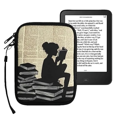 Afbeelding van kwmobile Universele Cover voor eReader Neopreen hoesje Meisje met boeken design zwart / beige 17 x 12 2 cm