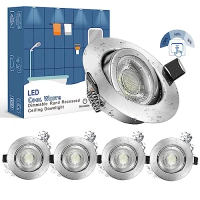 Afbeelding van wowatt Led inbouwspot, dimbaar, IP44, badkamer, 7 W, Equi. 70 halogeenlamp, 6000 K, koudwit, 700 lm, plafondlamp, draaibaar, extra plat, 220 V, ronde spot, 83Ra, 5 stuks