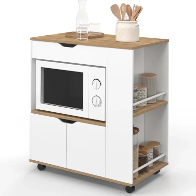 Image de Desserte micro onde de cuisine COSI placard avec tiroir et étagères à épices bois blanc plateaux façon hêtre L.76 cm IDMarket