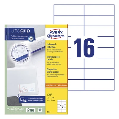 Image de Avery Zweckform 3484 étiquettes universelles A4 105 x 37 mm (1600 pièces) blanc