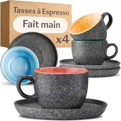 Afbeelding van Cosumy Espressokopjes met schoteltjes, set van 4 90 ml keramiek, handgemaakt reactief email, houdt de warmte langer vast (gekleurd)