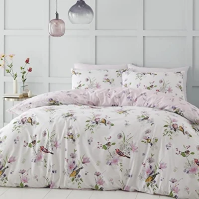 Afbeelding van Catherine Lansfield Beddengoedset met dekbedovertrek en kussensloop, motief zangvogel, roze