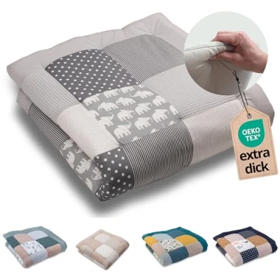 Afbeelding van ULLENBOOM Kruipdeken voor baby&#039;s, 120 x cm, 100% Oeko Tex materialen, gemaakt in de EU, dik en zacht, grijs olifantenpatroon, ideaal als babydeken speeldeken baby&#039;s