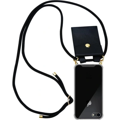 Afbeelding van Cadorabo Hoesje geschikt voor Apple iPhone 7 / 7S 8 SE 2020 in ZWART Silicone Mobiele telefoon ketting beschermhoes met gouden ringen, koordriem en afneembare etui