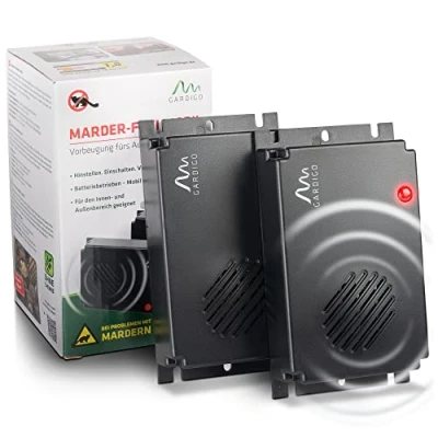 Afbeelding van GARDIGO® Mobiele marterverjager, set van 2, verjaagt marters, wezels, wasberen en knaagdieren, getest goedgekeurd, werkt op batterijen, voor auto, garage, zolder.