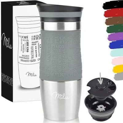 Afbeelding van Milu thermobeker 370 ml 450 isoleerbeker koffiebeker to go 100% lekvrij drinkbeker van roestvrij staal dubbelwandige isolatie reismok (grijs, ml)