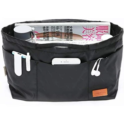 Afbeelding van iN. Dames Nylon Doek Handtas Organizer en Draagtas Zwart Maat: S: 33 cm (boven) / 22,1 (onder) L x 11,9 B 19,1 H