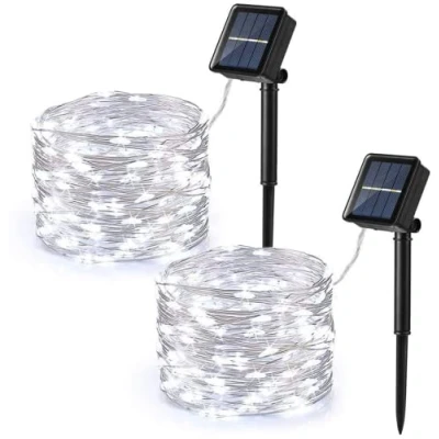 Afbeelding van PhilzOps lichtketting op zonne energie voor buiten, 12 m, 120 leds, koperdraad, 8 modi, waterdicht, Kerstmis, decoratie, tuin, feest, bruiloft, koud wit, 2 stuks