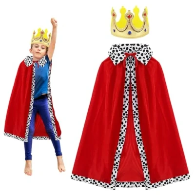 Afbeelding van TUONYIS Set van 2 koningskostuums voor kinderen, koningscape, prinscape, koninklijke fluwelen cape met kroon, Halloween, carnaval, party, rood
