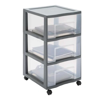 Afbeelding van SUNDIS Tag Tower XL Opbergtoren van grijs plastic, met wielen, 3 grote transparante lades, hoogte 64,5 cm, ideaal als bureau organizer, voor lessen, documenten, benodigdheden, accessoires