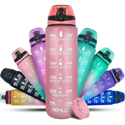 Afbeelding van K MART 1 liter sportwaterfles met motiverende tijdmarkering, vaatwasmachinebestendig, lekvrij, BPA vrij, niet giftig voor hardlopen, fietsen, fitnessstudio, school en kantoor (paars)