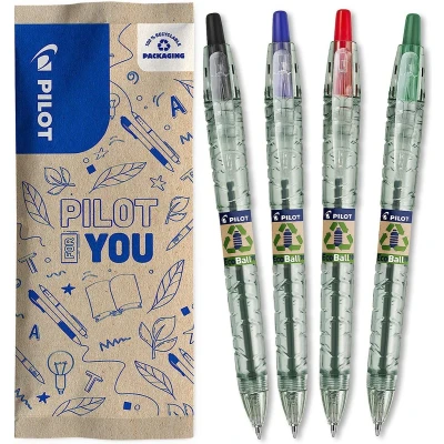 Afbeelding van Pilot B2P Ecoball Balpen flow pack Medium Kleurassortiment Zwart/Blauw/Rood/Groen 4 stuks