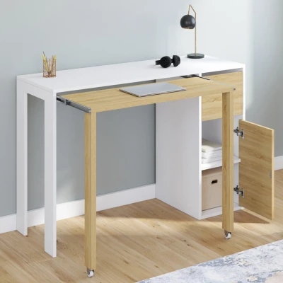 Image de Bureau extensible RON avec colonne de rangement tiroir et placard blanc bois